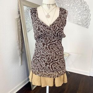 Early 2000's Brown White Floral V-Neck Mesh Babydoll Top L